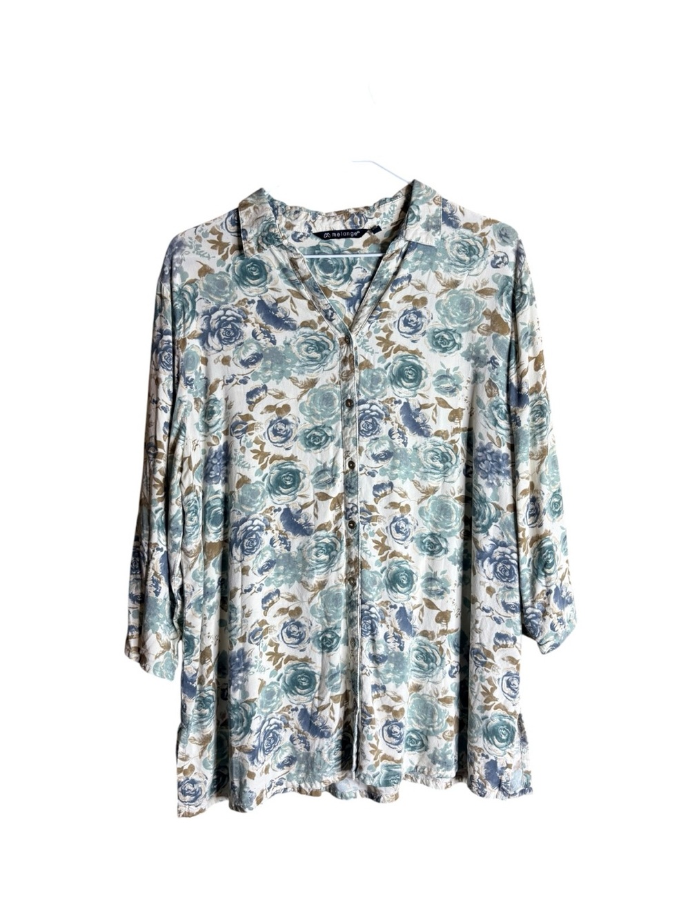 Melange XXL Floral Rayon Tunic Blouse Made in India Blue Green Roses